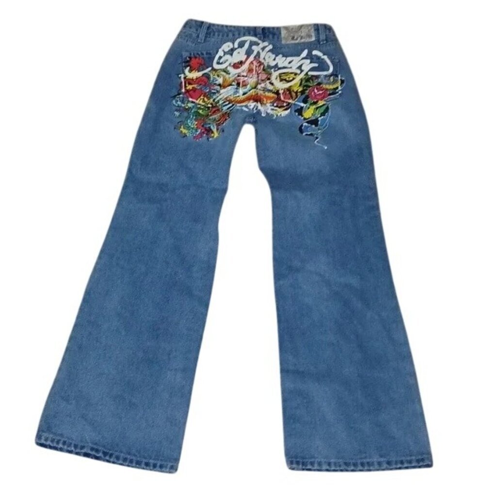Ed Hardy Koi Fish Painted y2k Vintage Straight Leg Jeans - Picture 2 of 5